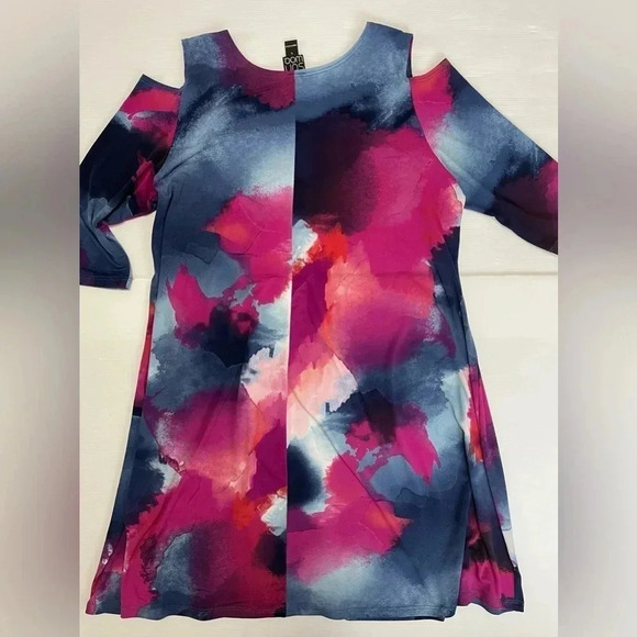 3 FOR $15 Clara Sun Woo Watercolor Pink and Blue Open Shoulder Swing Dress SZ L - Picture 3 of 8